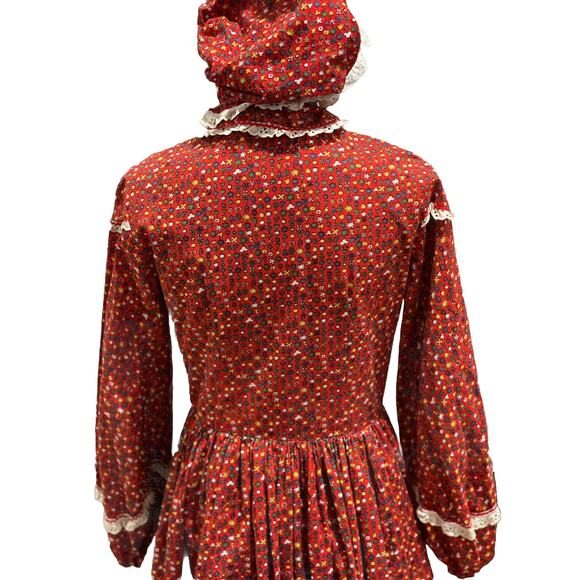VTG Handmade Prairie Maxi Dress Red Calico Tiered + Bonnet Long Sleeve Sz Small - Picture 8 of 15